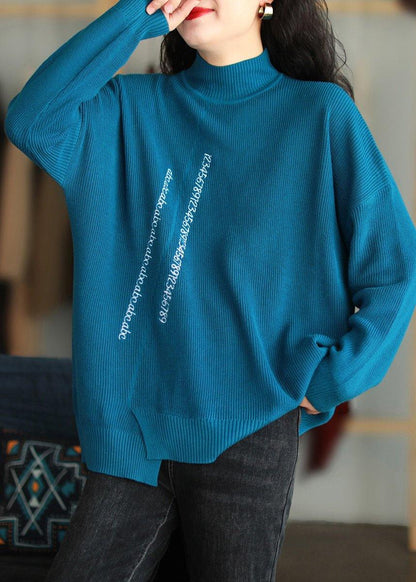 Oversized Blue Embroidery Blouse High Neck Oversized Knitted Blouse