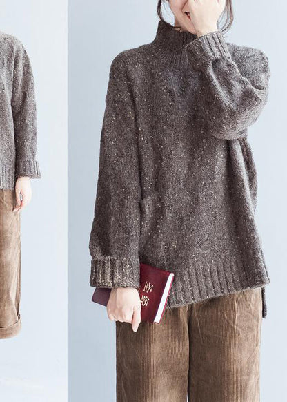 Oversized Chocolate knit sweaters women high neck warm winter knit tops