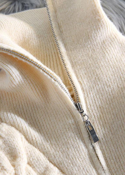 Oversized beige knitted pullover high neck zippered fall fashion knit sweat tops