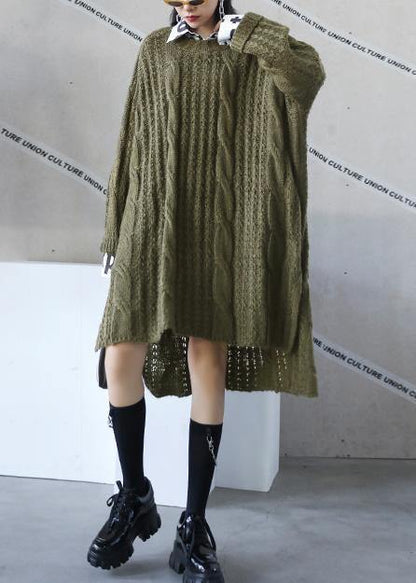 Oversized green Sweater dress Street Style o neck low high design Art knit dresses