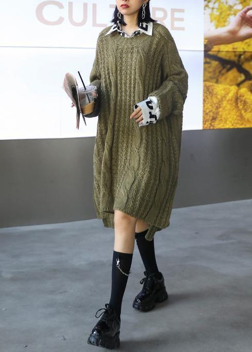 Oversized green Sweater dress Street Style o neck low high design Art knit dresses