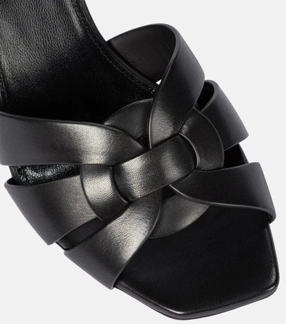 Women's leather mules with heel and bow accent