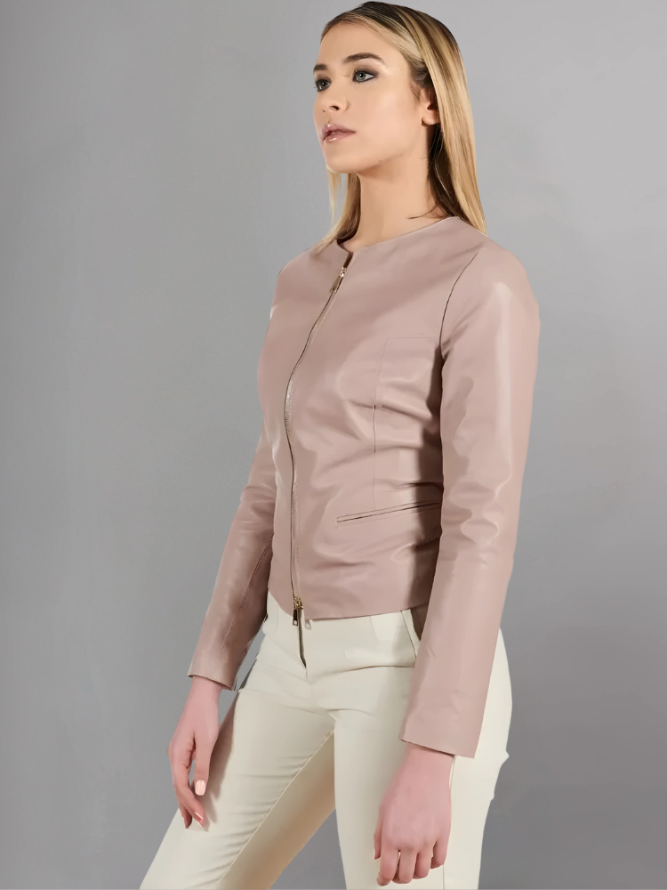 Pink powder natural leather jacket round collar smooth aspect