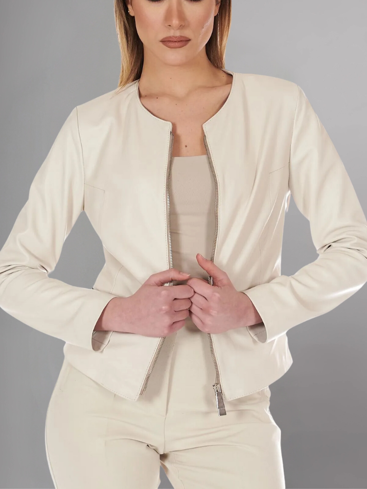Pink powder natural leather jacket round collar smooth aspect