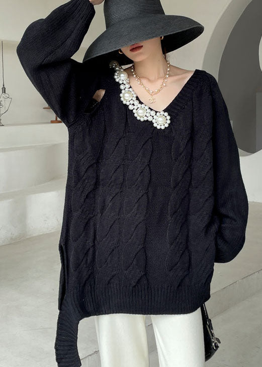 Plus Size Black cozy Knit Short Sweater V Neck Winter