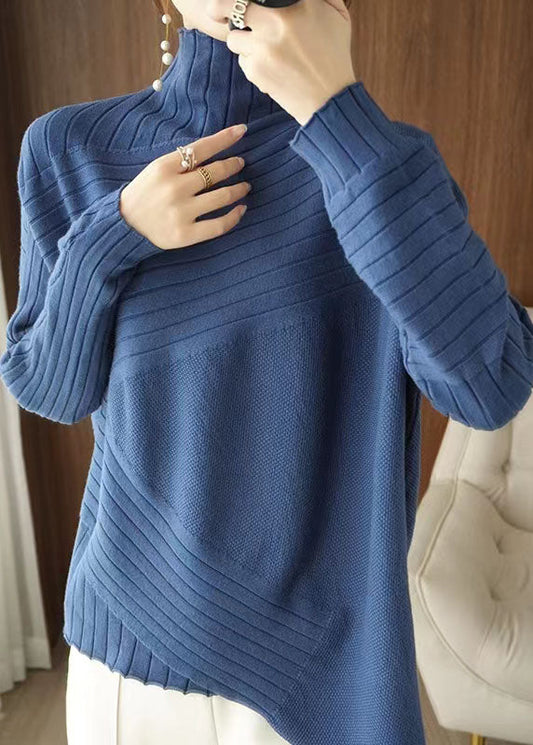 Plus Size Blue Asymmetrical Solid Knit Sweaters Spring