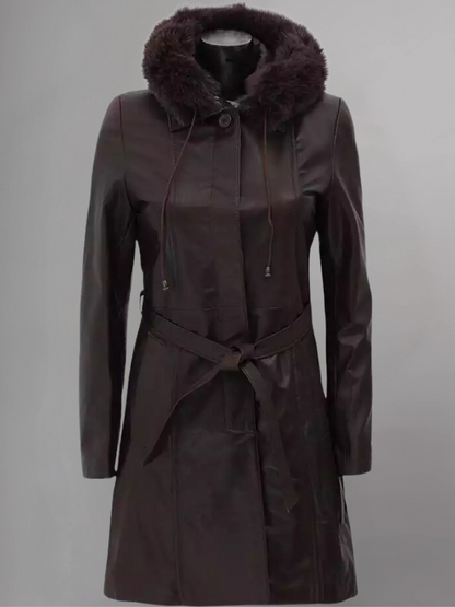 Prato Shearling Hood Leather Dark Brown Coat Womens