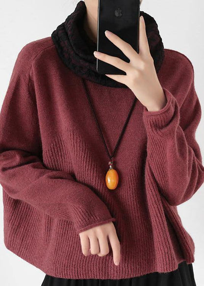 Pullover high neck red knit sweat tops trendy plus size Batwing Sleeve clothes