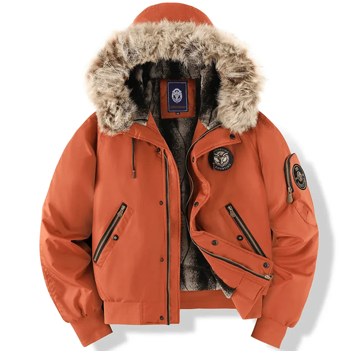 Men's padded bomber jacket with faux fur hood