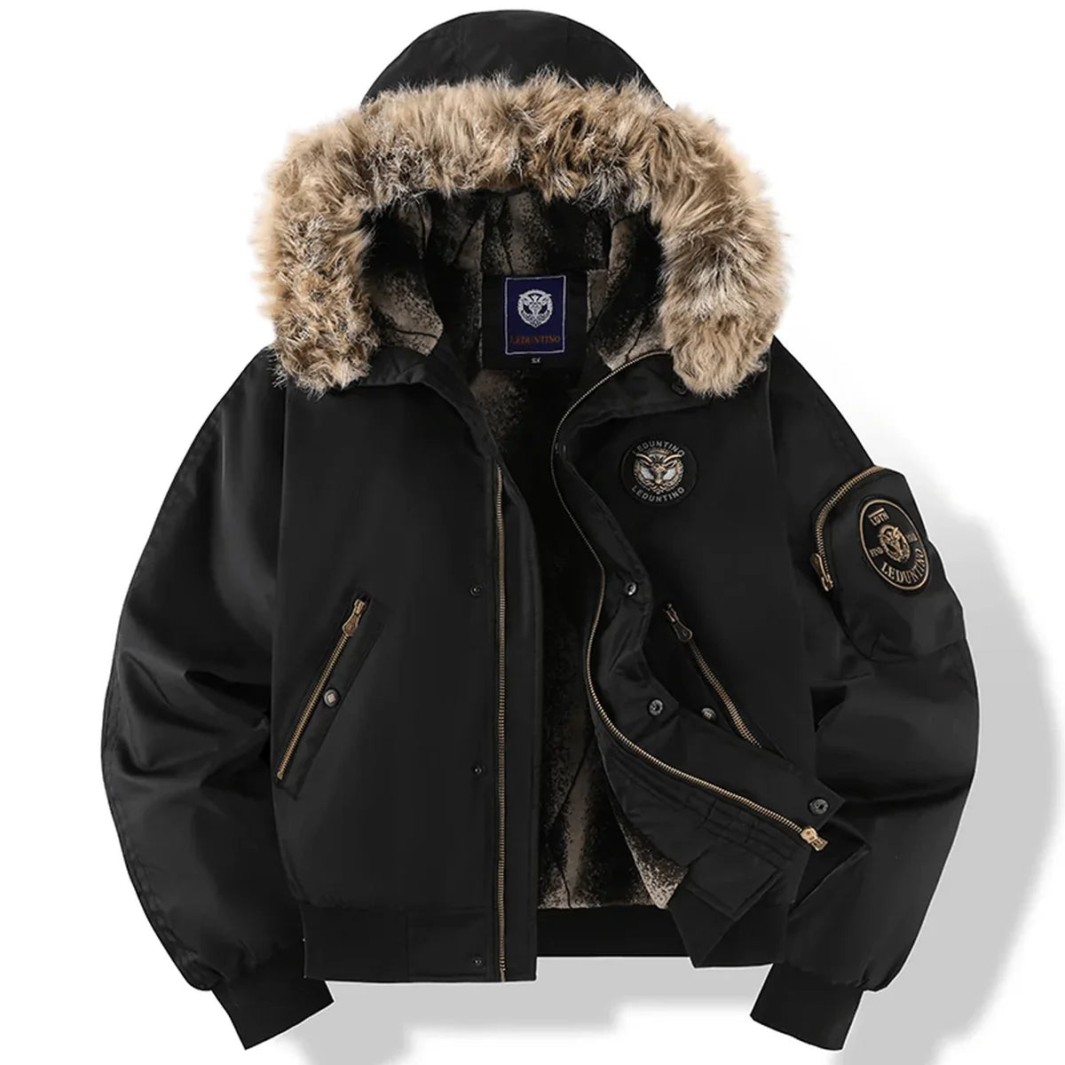 Men's padded bomber jacket with faux fur hood