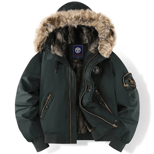Men's padded bomber jacket with faux fur hood