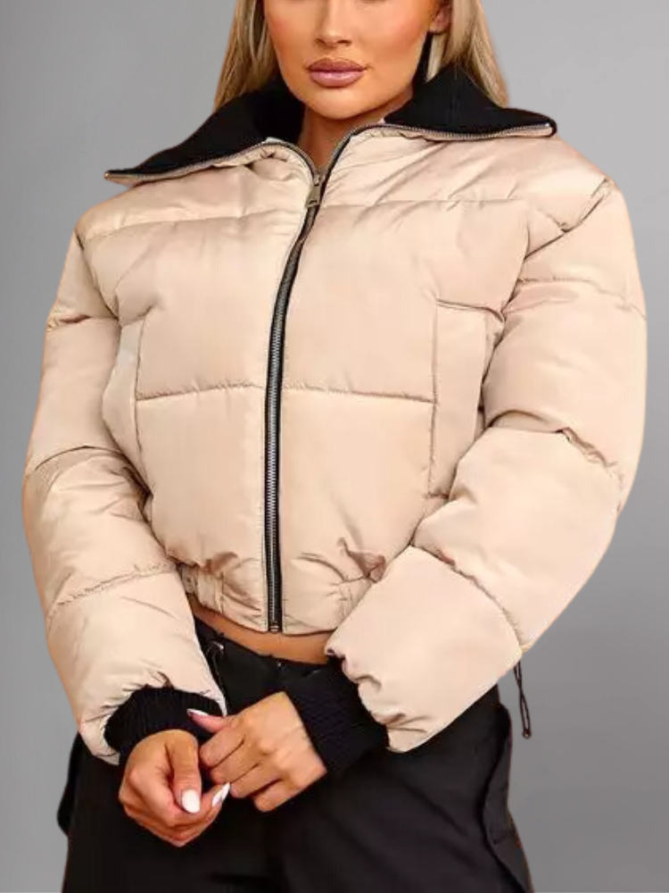 Cropped Puffer Jacket With Rib Collar Beige