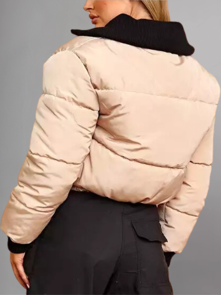 Cropped Puffer Jacket With Rib Collar Beige