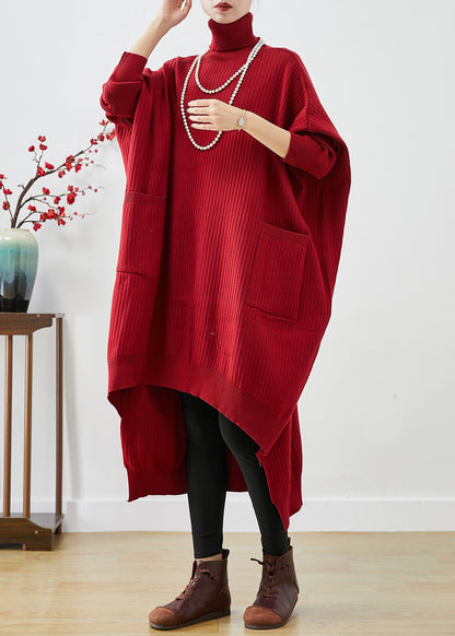 Red Oversized Knit Sweater Dress Turtle Neck Asymmetrical Batwing Sleeve