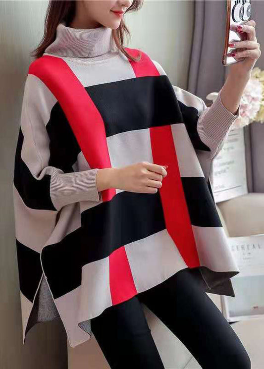 Women Striped Knit Blouse O Neck Batwing Sleeve Loose-fitting Knitted Blouse