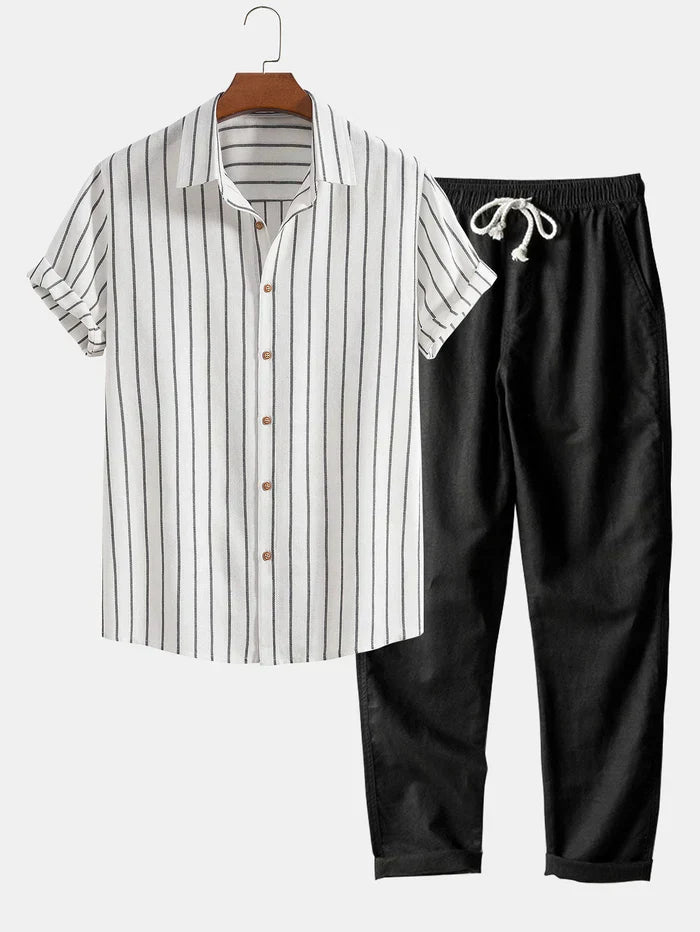 Stylish men’s summer set – striped linen blend shirt & pants – men