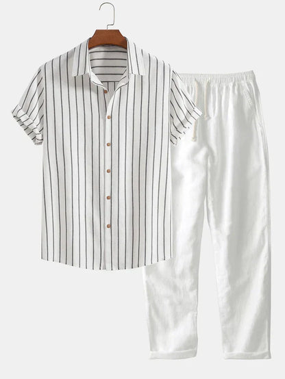 Stylish men’s summer set – striped linen blend shirt & pants – men