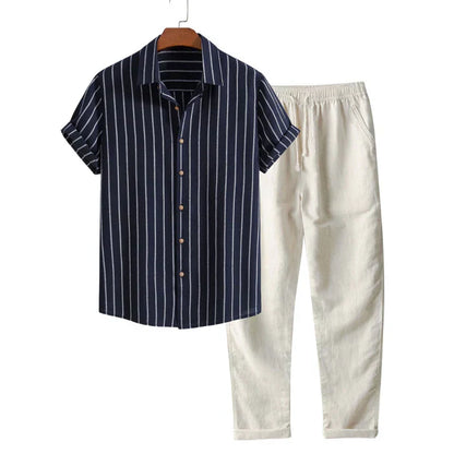 Stylish men’s summer set – striped linen blend shirt & pants – men
