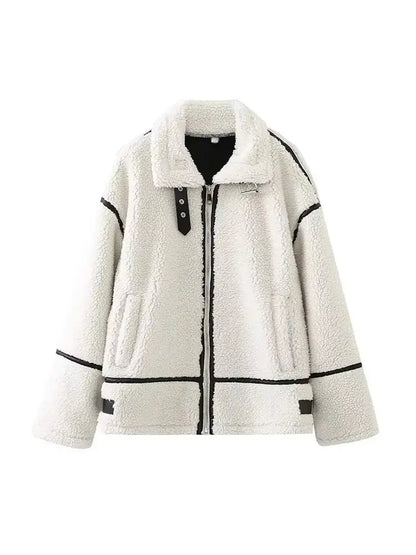 Casual collar furry color-blocked jacket – women