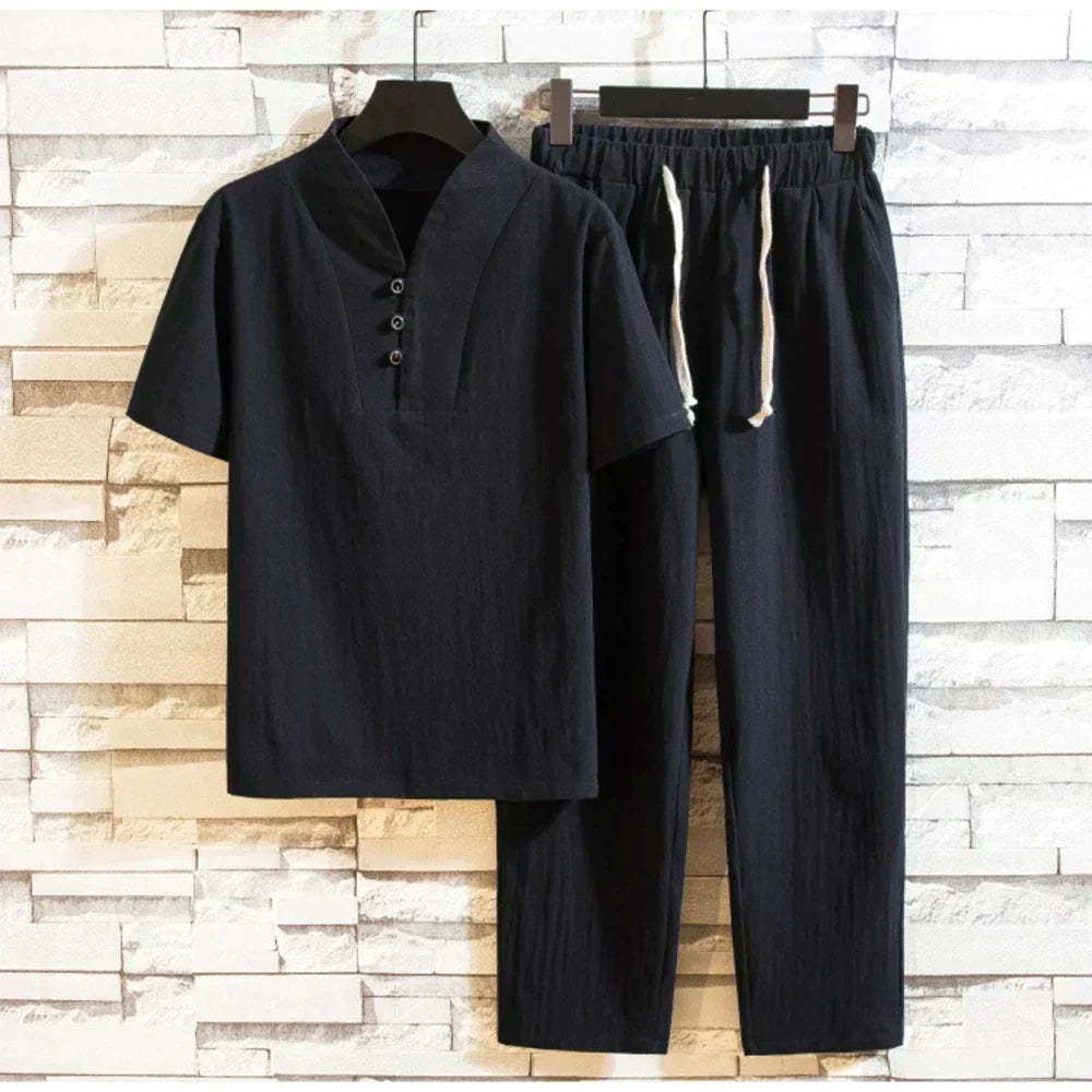 Casual men’s set with henley shirt & pants – men