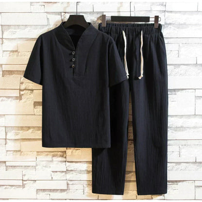 Casual men’s set with henley shirt & pants – men