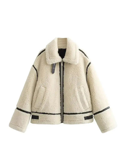 Casual collar furry color-blocked jacket – women