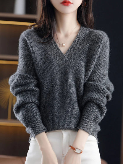 Long-sleeve v-neck knit sweater with ribbed sleeves – women