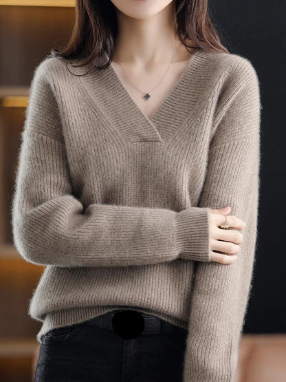Long-sleeve v-neck knit sweater with ribbed sleeves – women