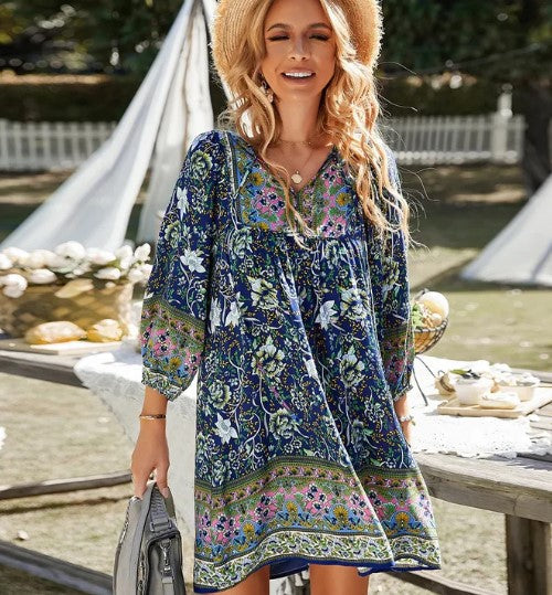 Sophia - short sleeve boho dress with v-neck and floral print