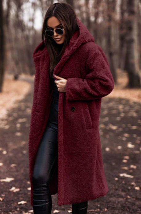 Laura - fashionable long teddy coat with hood