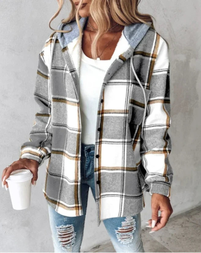 Warm plaid hooded jacket – women