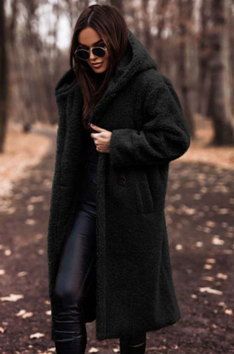 Laura - fashionable long teddy coat with hood
