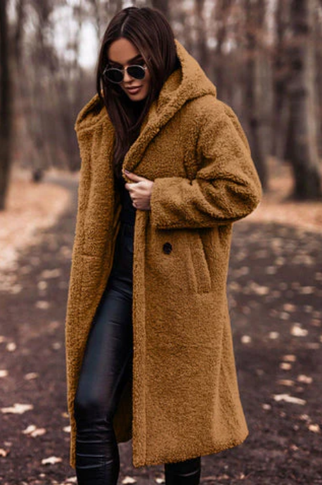 Laura - fashionable long teddy coat with hood