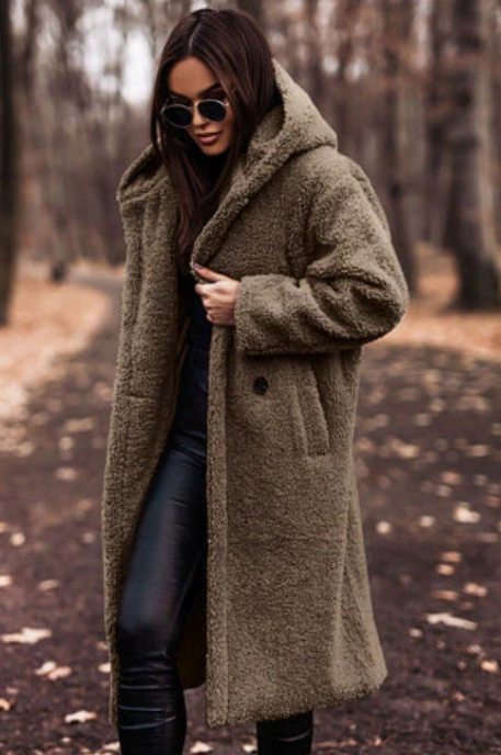 Laura - fashionable long teddy coat with hood