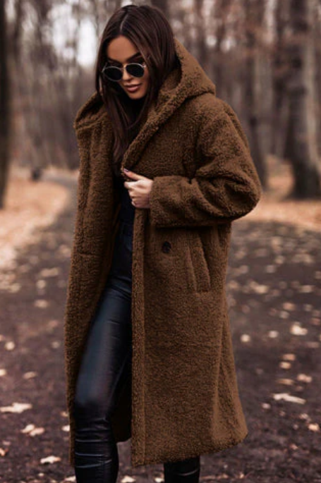 Laura - fashionable long teddy coat with hood