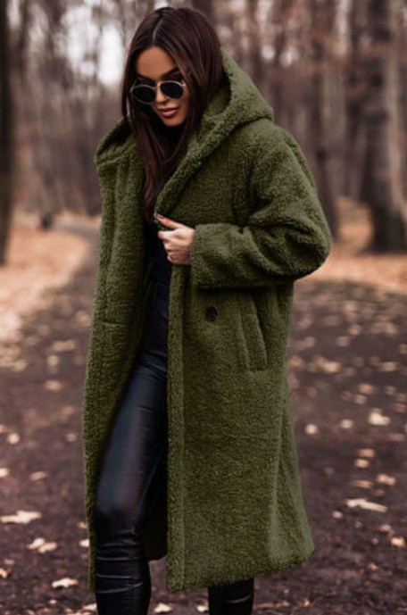 Laura - fashionable long teddy coat with hood