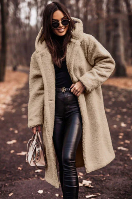 Laura - fashionable long teddy coat with hood