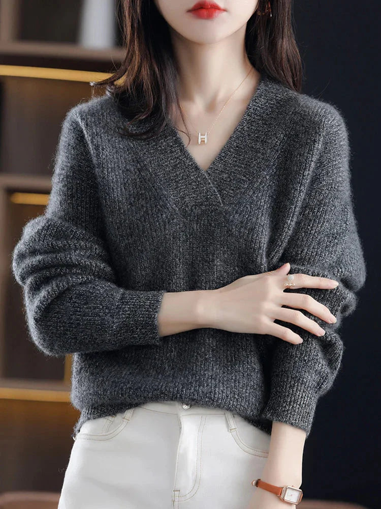 Long-sleeve v-neck knit sweater with ribbed sleeves – women