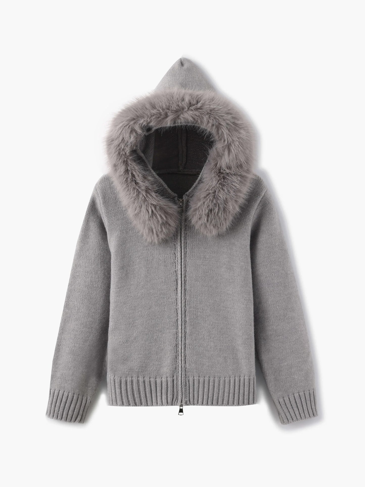 Women's grey cardigan with hood and faux fur trim – warm winter jacket