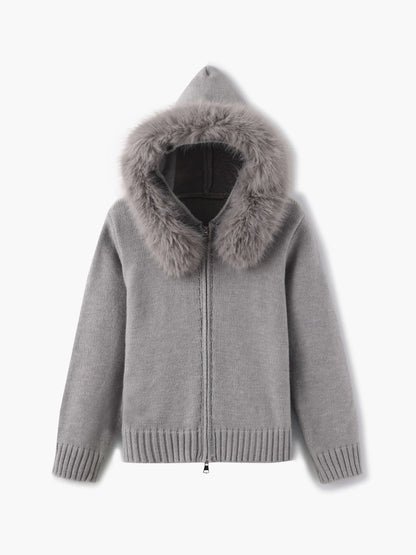 Women's grey cardigan with hood and faux fur trim – warm winter jacket