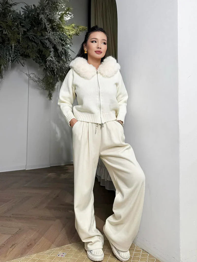 Women's grey cardigan with hood and faux fur trim – warm winter jacket