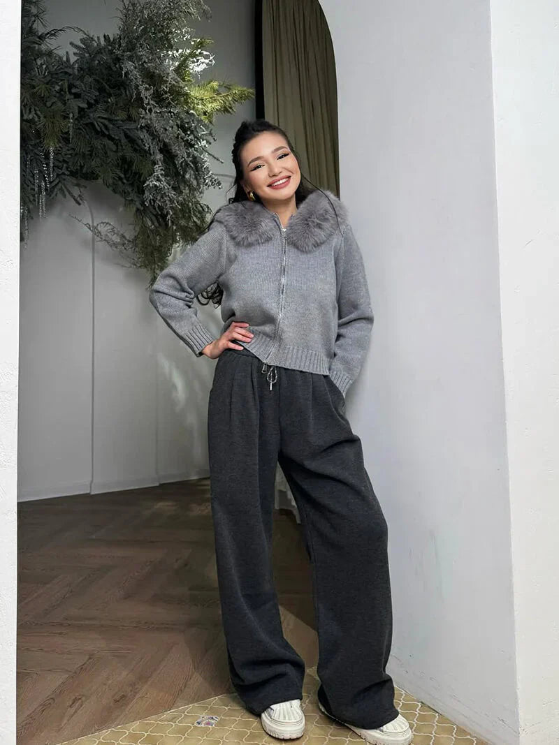 Women's grey cardigan with hood and faux fur trim – warm winter jacket