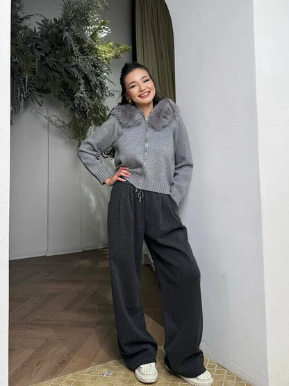 Women's grey cardigan with hood and faux fur trim – warm winter jacket