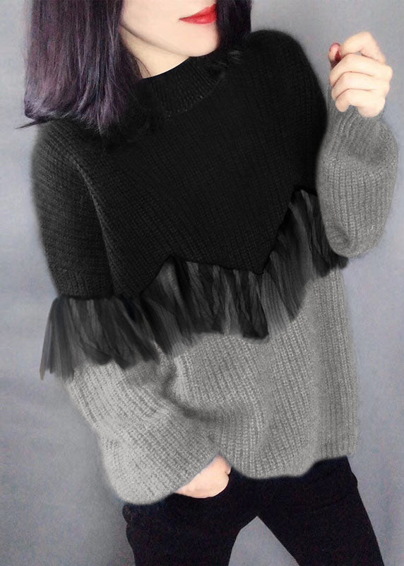 Style Black Purple fashion O-Neck Patchwork Fall Knitted sweaters