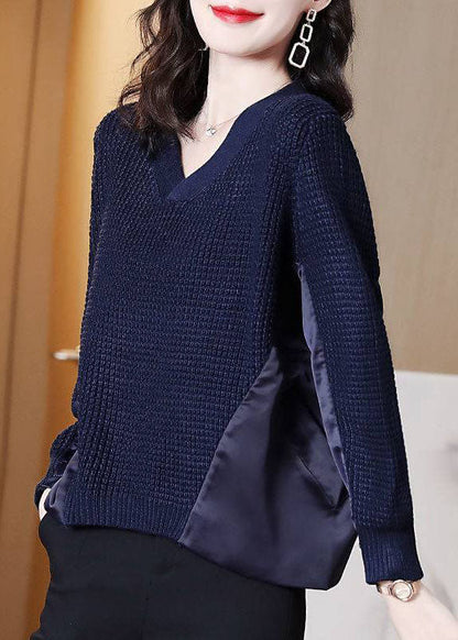 Style Navy Asymmetrical Patchwork Knit Knit Pullover Winter