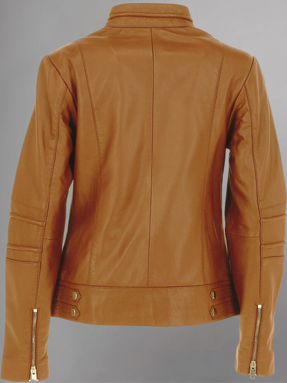 Tan Brown Women Biker Leather Jacket