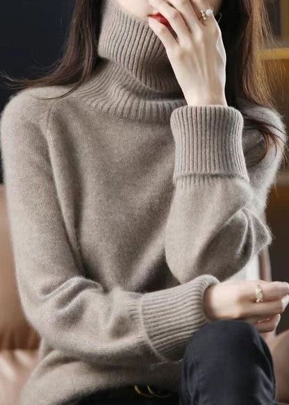 Unique Dark Camel High Neck Thick Cashmere Knit Sweater Tops Winter