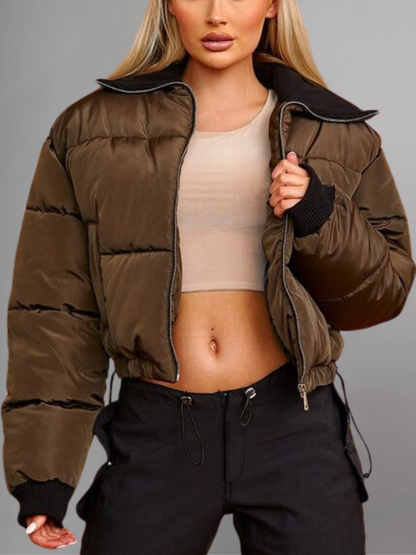 Cropped Puffer Jacket With Rib Collar Beige