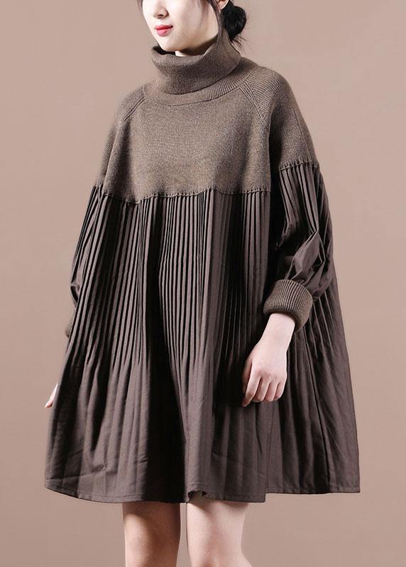 Vintage Chocolate High Neck Patchwork Fall Sweater Dress