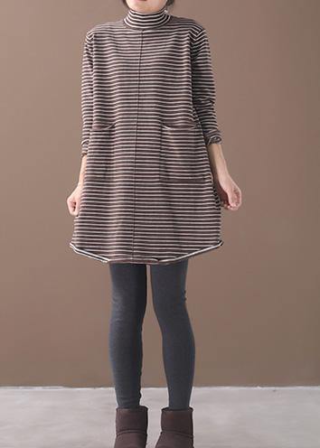 Vintage chocolate striped knitwear oversize high neck asymmetric clothes